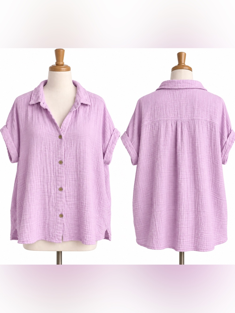 Beachlunchlounge Womens Large Lavender Cotton Gauze Button Down Shirt Oversized